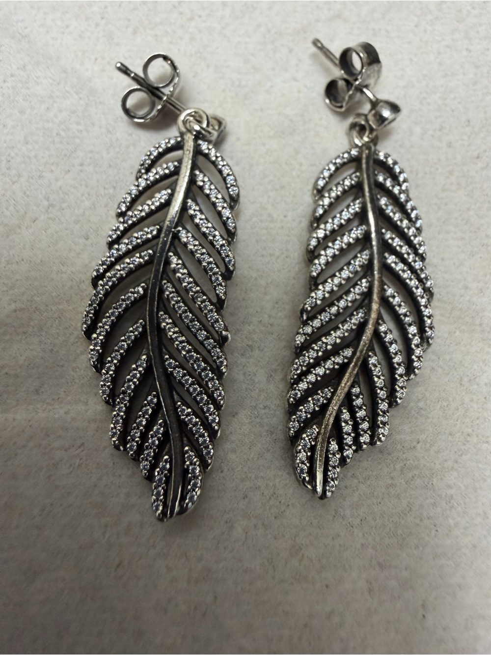 Authentic Pandora Retired Light as a Feather Dangle Earrings Cz Silver